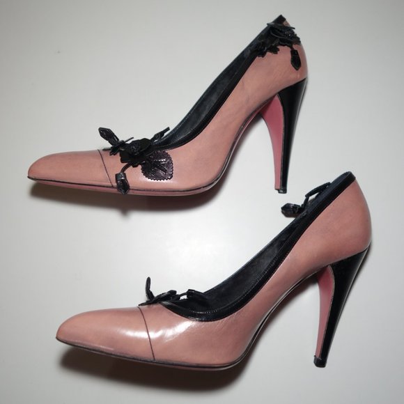 Vtg Prada Delicate Leather Floral Detail At The Top & Bottom Of Heels, Sz 8.5 - Picture 7 of 16